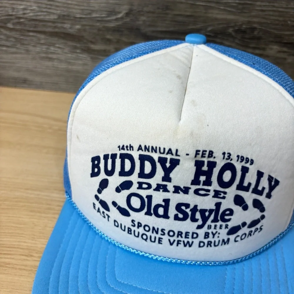 Vintage Buddy‎ Holly Hat Cap Snap Back Blue Trucker Dance Old Style Beer 90s